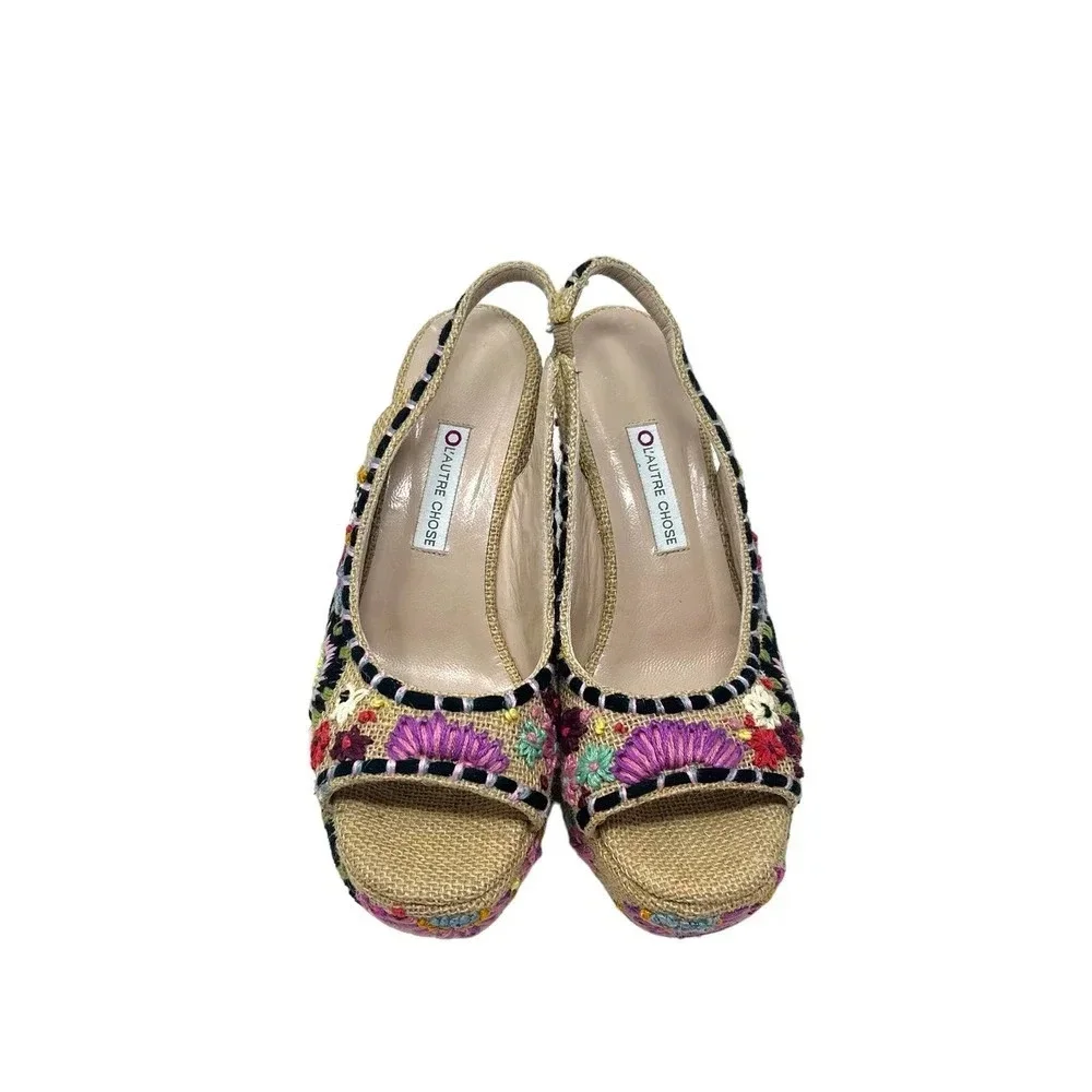 L'AUTRE CHOSE Floral Embroidered Wedge Sandals‎ Size 37 / US 6.5